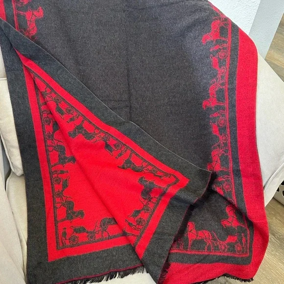 Designer Like Horse Equestrian Red & Gray Cashmere Feel Large Reversible Scarf - Picture 1 of 6